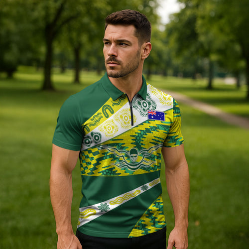 Personalised Australia Swimming Athlete Zipper Polo Shirt Aboriginal Pattern Freestyle Swimmer Patriotic