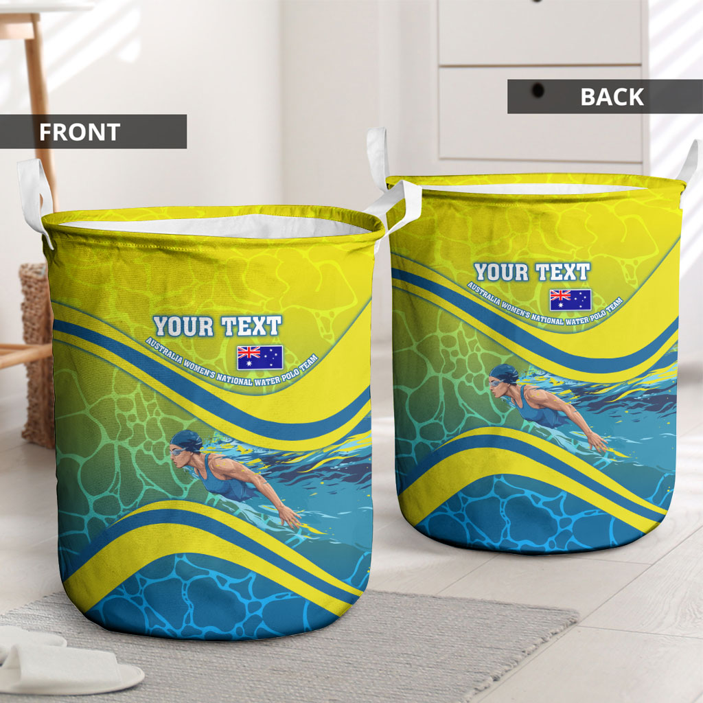 Personalized Australia Water Polo Swimmer Laundry Basket Dynamic Swimmer With Wave Pattern And National Colors