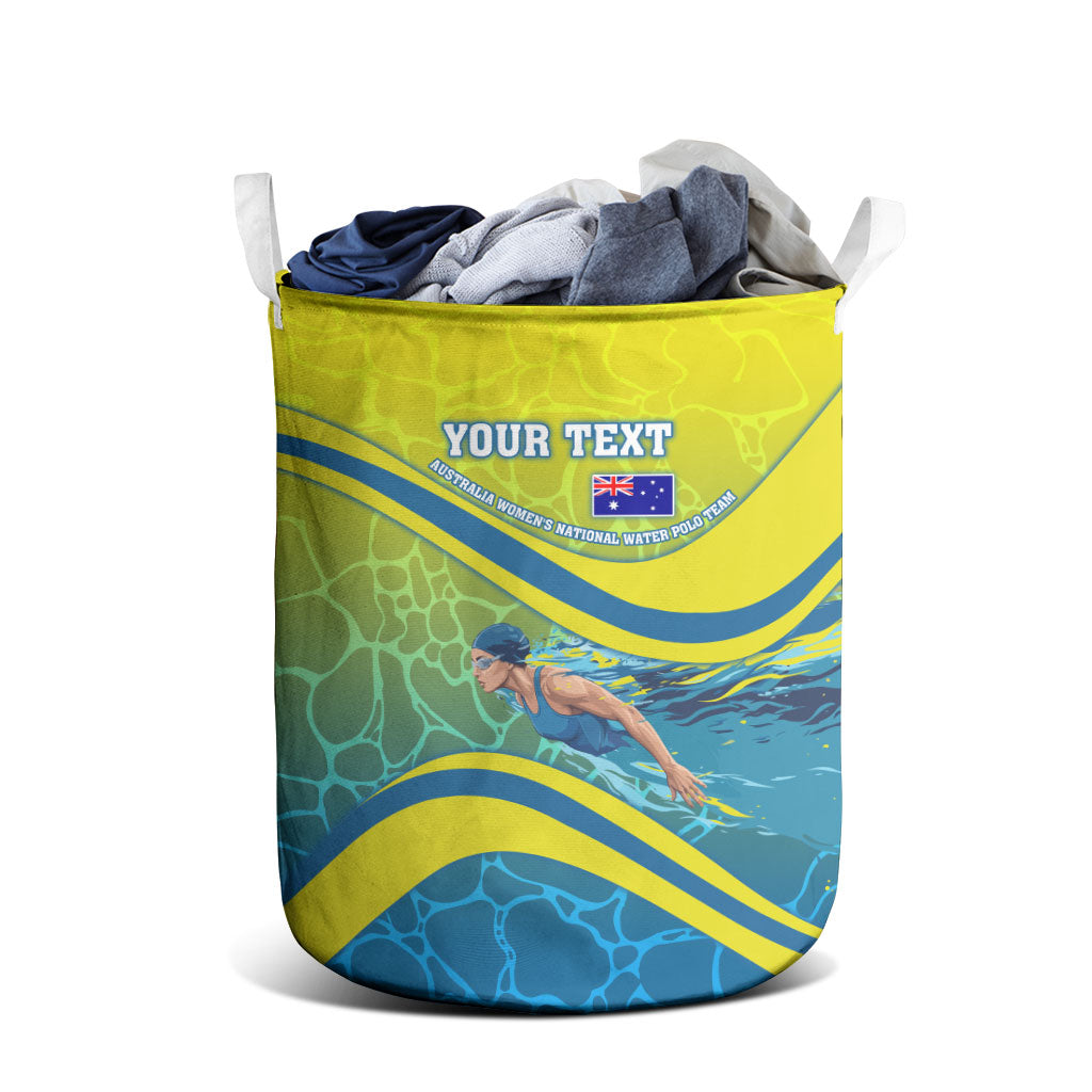 Personalized Australia Water Polo Swimmer Laundry Basket Dynamic Swimmer With Wave Pattern And National Colors