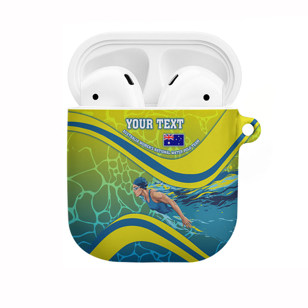 Personalized Australia Water Polo Swimmer AirPods Case Dynamic Swimmer With Wave Pattern And National Colors