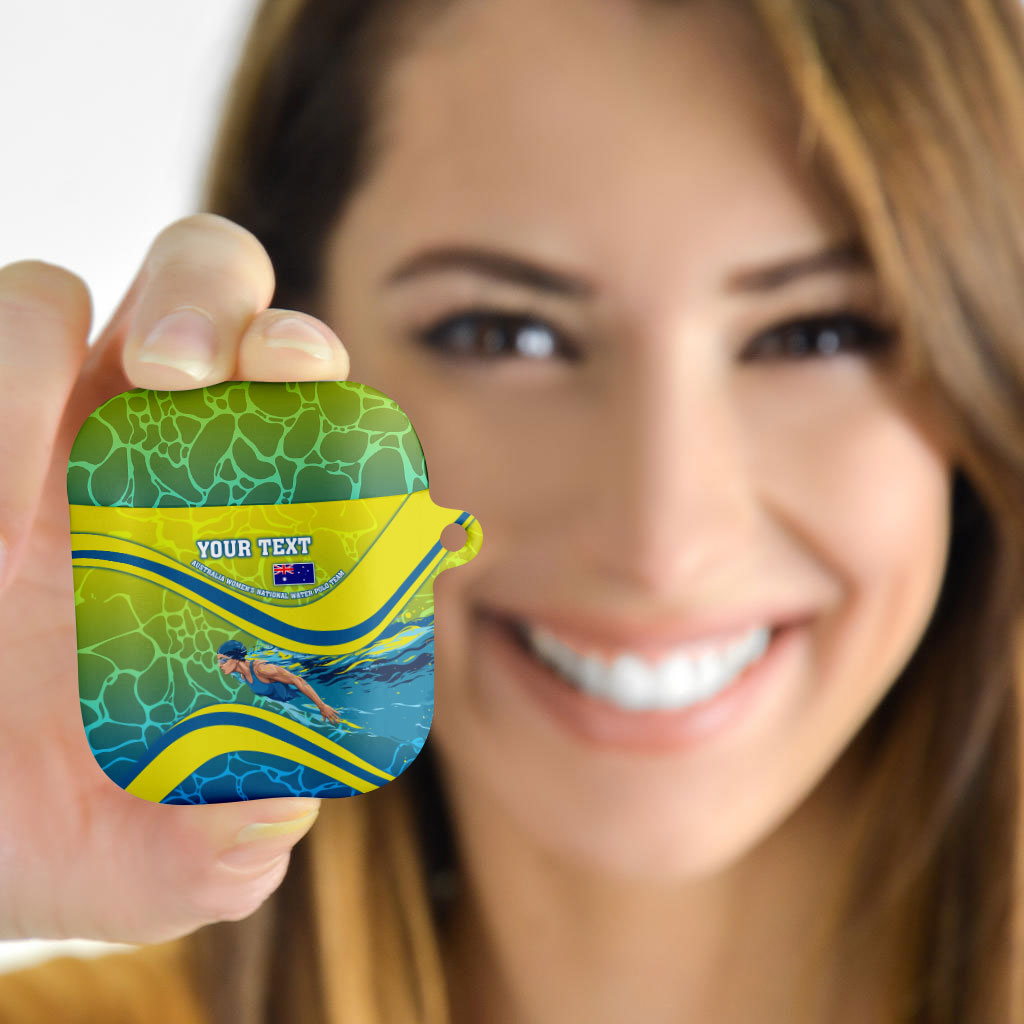 Personalized Australia Water Polo Swimmer AirPods Case Dynamic Swimmer With Wave Pattern And National Colors