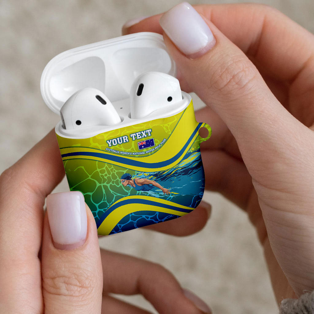 Personalized Australia Water Polo Swimmer AirPods Case Dynamic Swimmer With Wave Pattern And National Colors