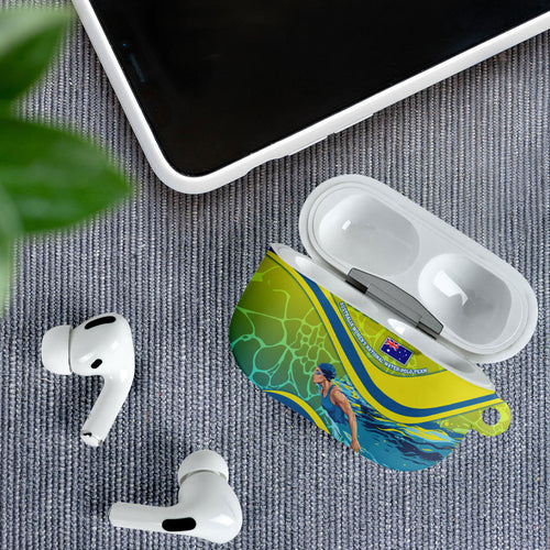 Personalized Australia Water Polo Swimmer AirPods Case Dynamic Swimmer With Wave Pattern And National Colors
