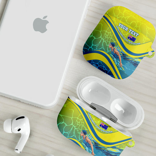 Personalized Australia Water Polo Swimmer AirPods Case Dynamic Swimmer With Wave Pattern And National Colors
