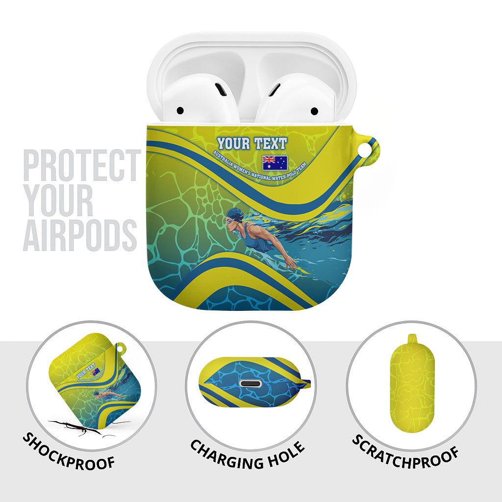 Personalized Australia Water Polo Swimmer AirPods Case Dynamic Swimmer With Wave Pattern And National Colors