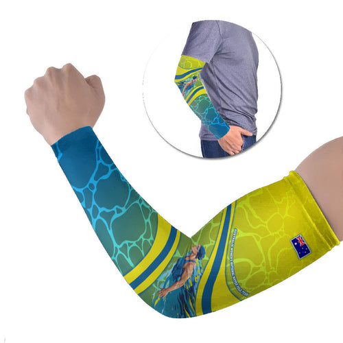 Personalized Australia Water Polo Swimmer Arm Sleeves Dynamic Swimmer With Wave Pattern And National Colors