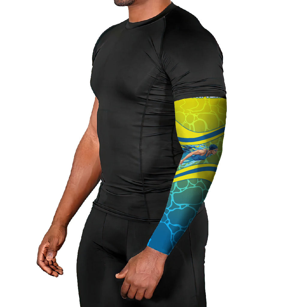 Personalized Australia Water Polo Swimmer Arm Sleeves Dynamic Swimmer With Wave Pattern And National Colors