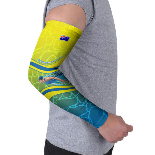 Personalized Australia Water Polo Swimmer Arm Sleeves Dynamic Swimmer With Wave Pattern And National Colors