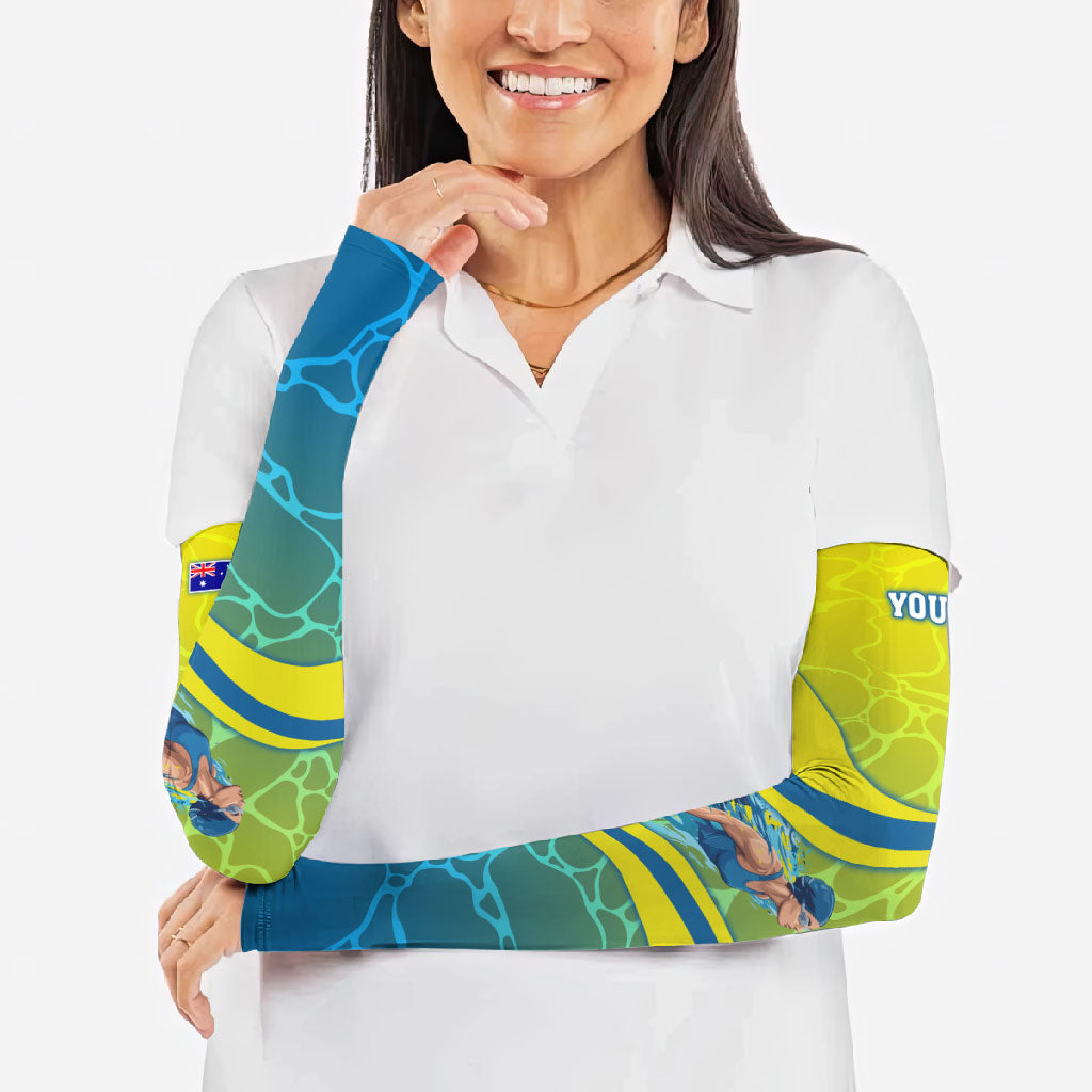 Personalized Australia Water Polo Swimmer Arm Sleeves Dynamic Swimmer With Wave Pattern And National Colors