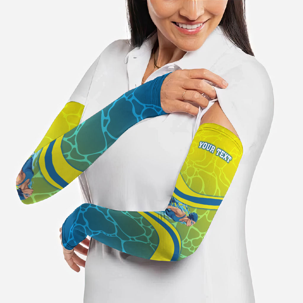 Personalized Australia Water Polo Swimmer Arm Sleeves Dynamic Swimmer With Wave Pattern And National Colors