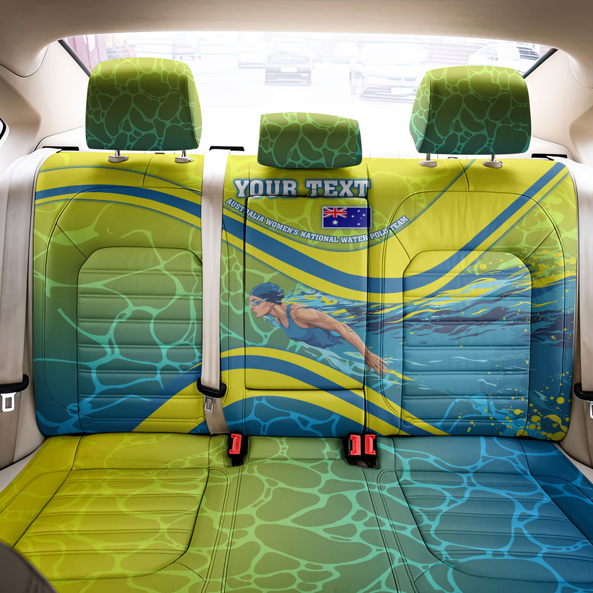 Personalized Australia Water Polo Swimmer Back Car Seat Cover Dynamic Swimmer With Wave Pattern And National Colors