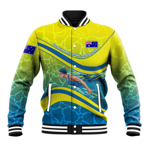 Personalized Australia Water Polo Swimmer Baseball Jacket Dynamic Swimmer With Wave Pattern And National Colors