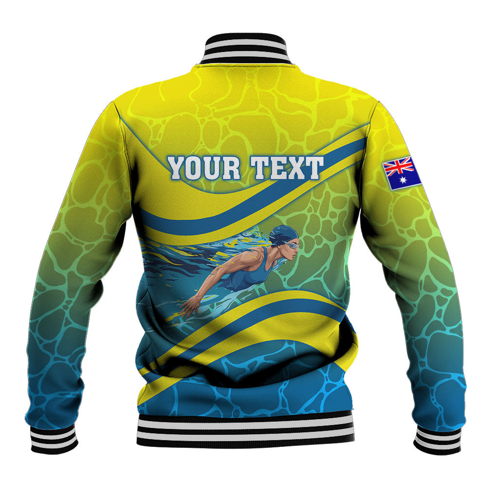 Personalized Australia Water Polo Swimmer Baseball Jacket Dynamic Swimmer With Wave Pattern And National Colors