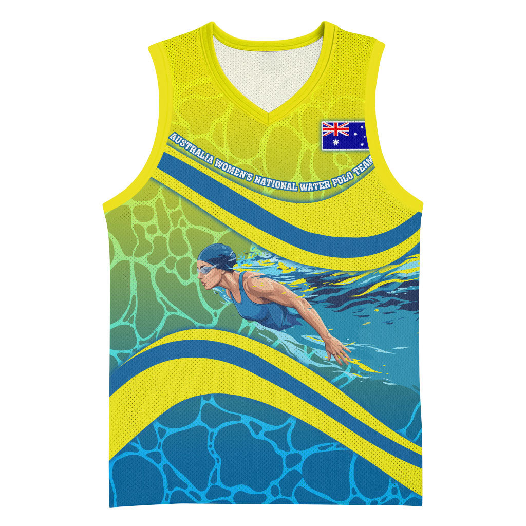 Personalized Australia Water Polo Swimmer Basketball Jersey Dynamic Swimmer With Wave Pattern And National Colors