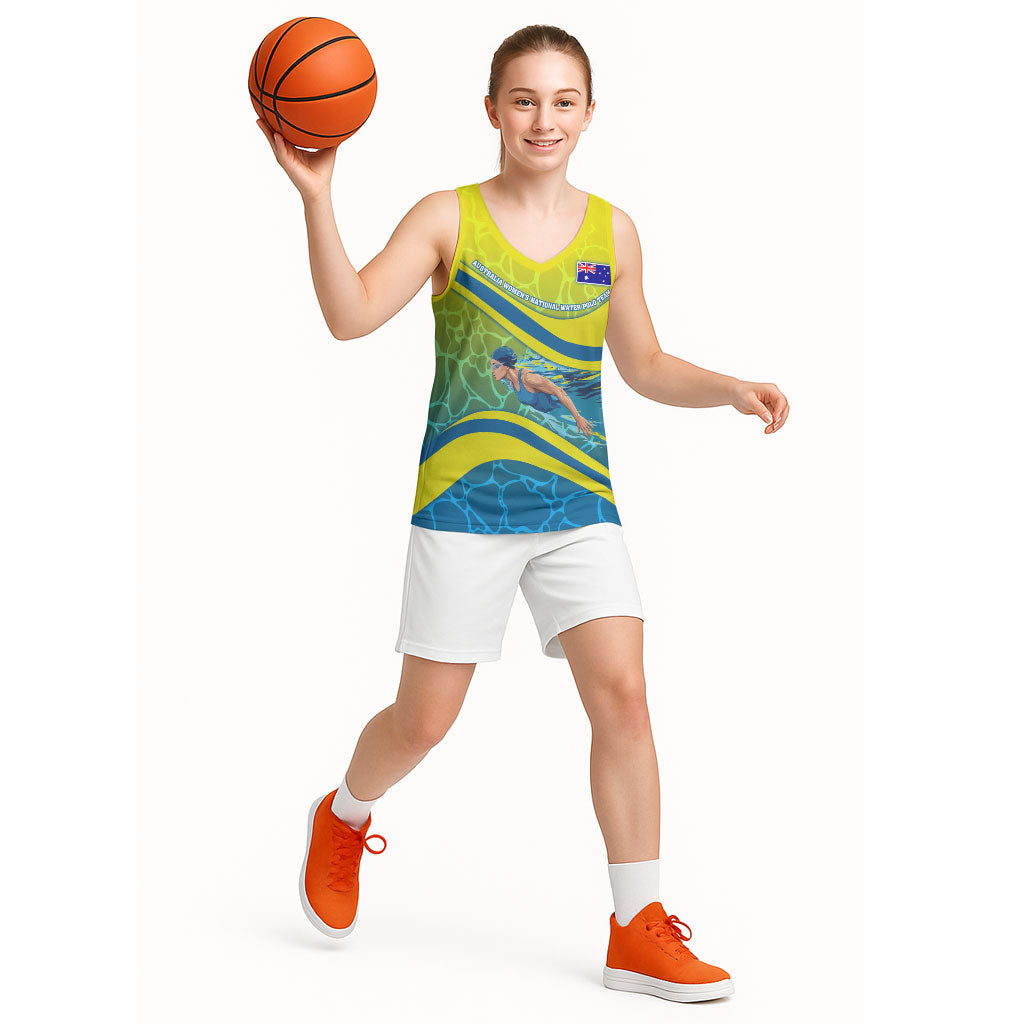 Personalized Australia Water Polo Swimmer Basketball Jersey Dynamic Swimmer With Wave Pattern And National Colors