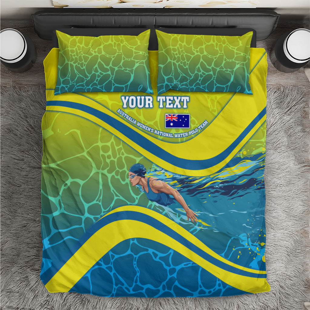 Personalized Australia Water Polo Swimmer Bedding Set Dynamic Swimmer With Wave Pattern And National Colors