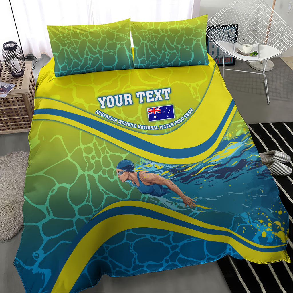 Personalized Australia Water Polo Swimmer Bedding Set Dynamic Swimmer With Wave Pattern And National Colors