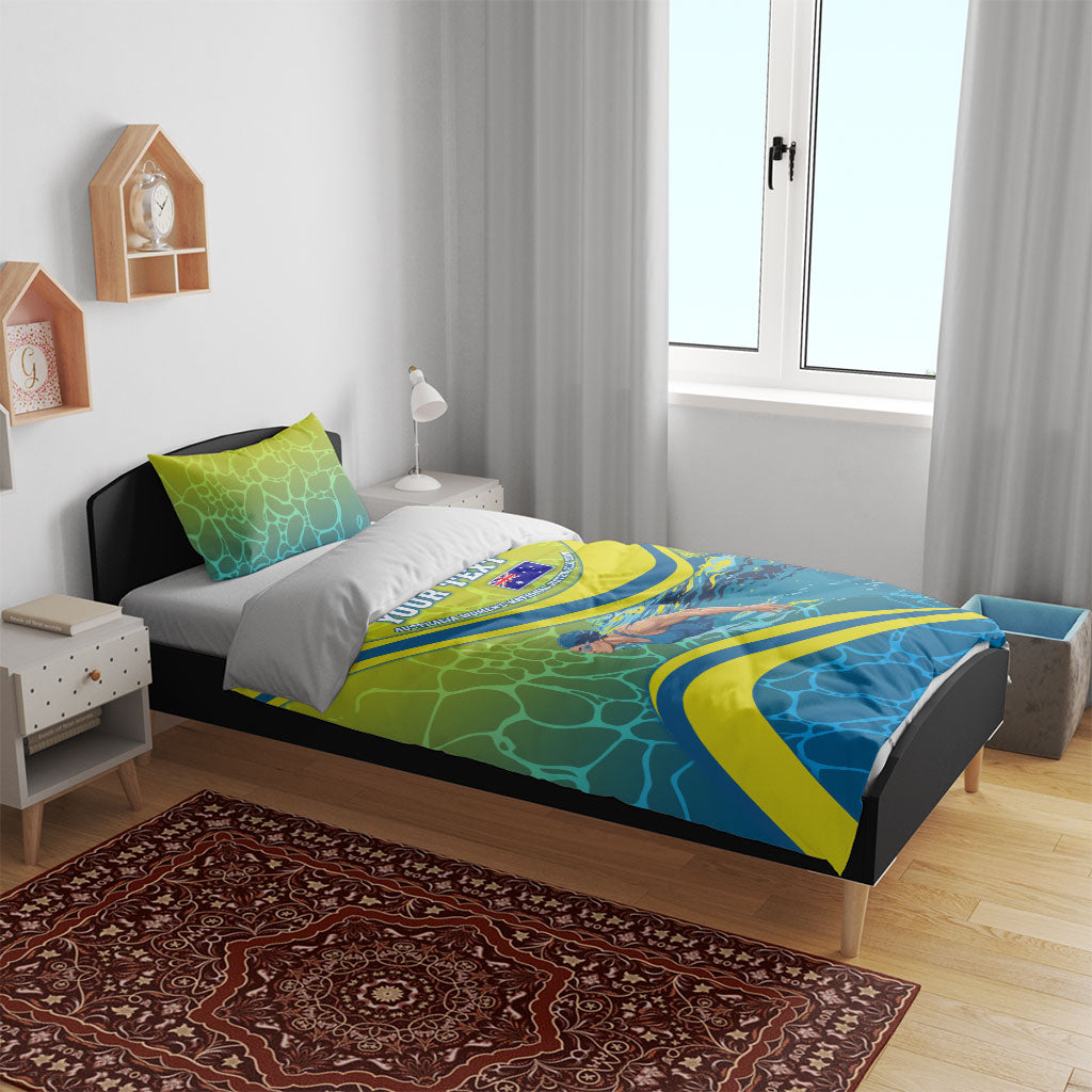 Personalized Australia Water Polo Swimmer Bedding Set Dynamic Swimmer With Wave Pattern And National Colors