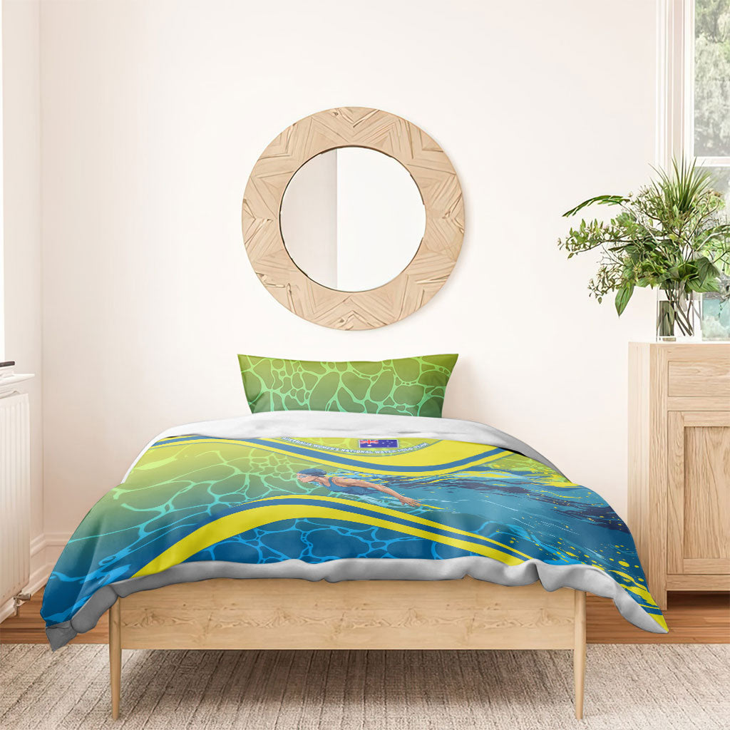 Personalized Australia Water Polo Swimmer Bedding Set Dynamic Swimmer With Wave Pattern And National Colors