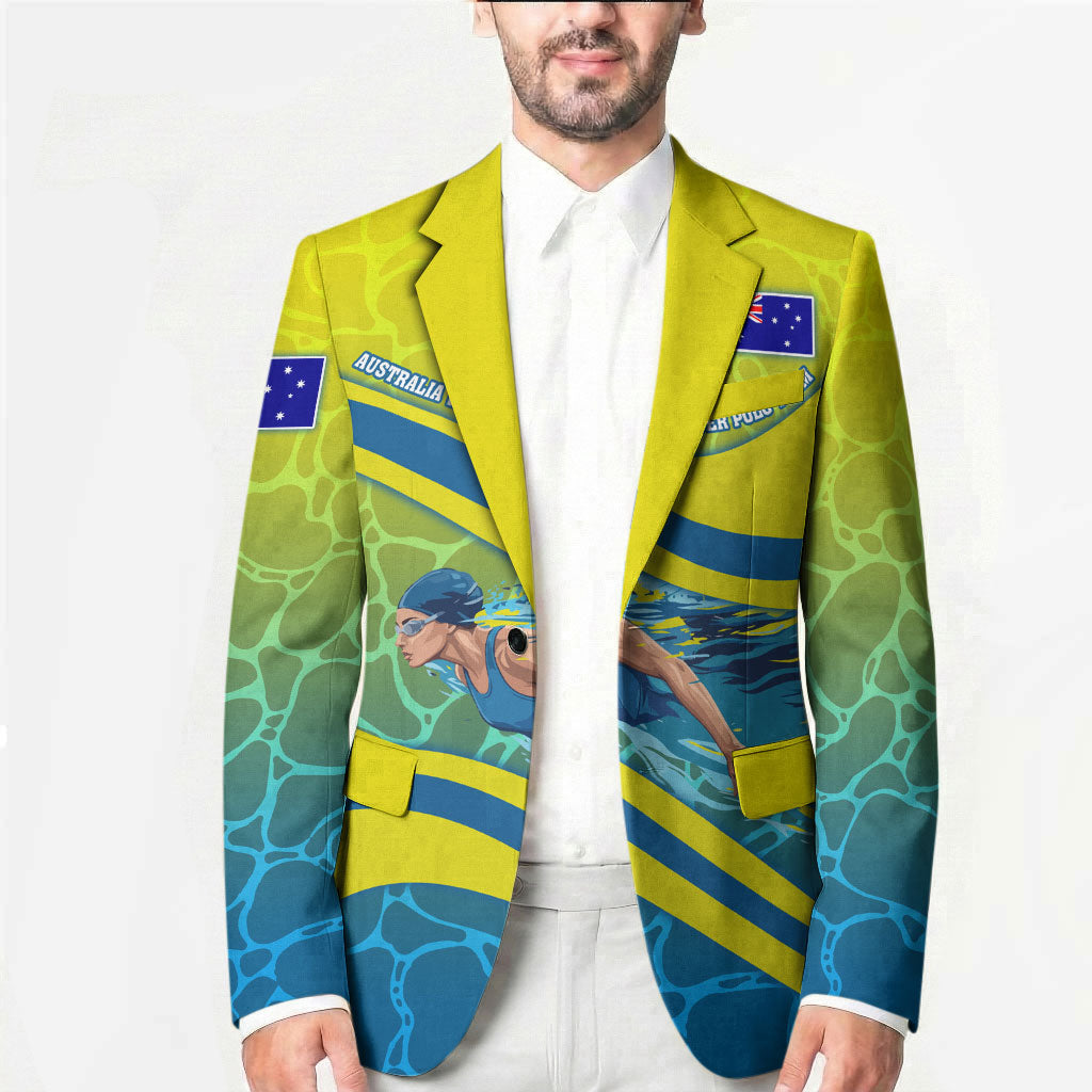 Personalized Australia Water Polo Swimmer Blazer Dynamic Swimmer With Wave Pattern And National Colors
