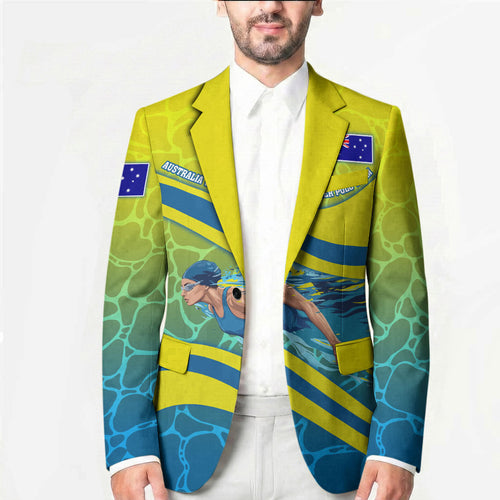 Personalized Australia Water Polo Swimmer Blazer Dynamic Swimmer With Wave Pattern And National Colors