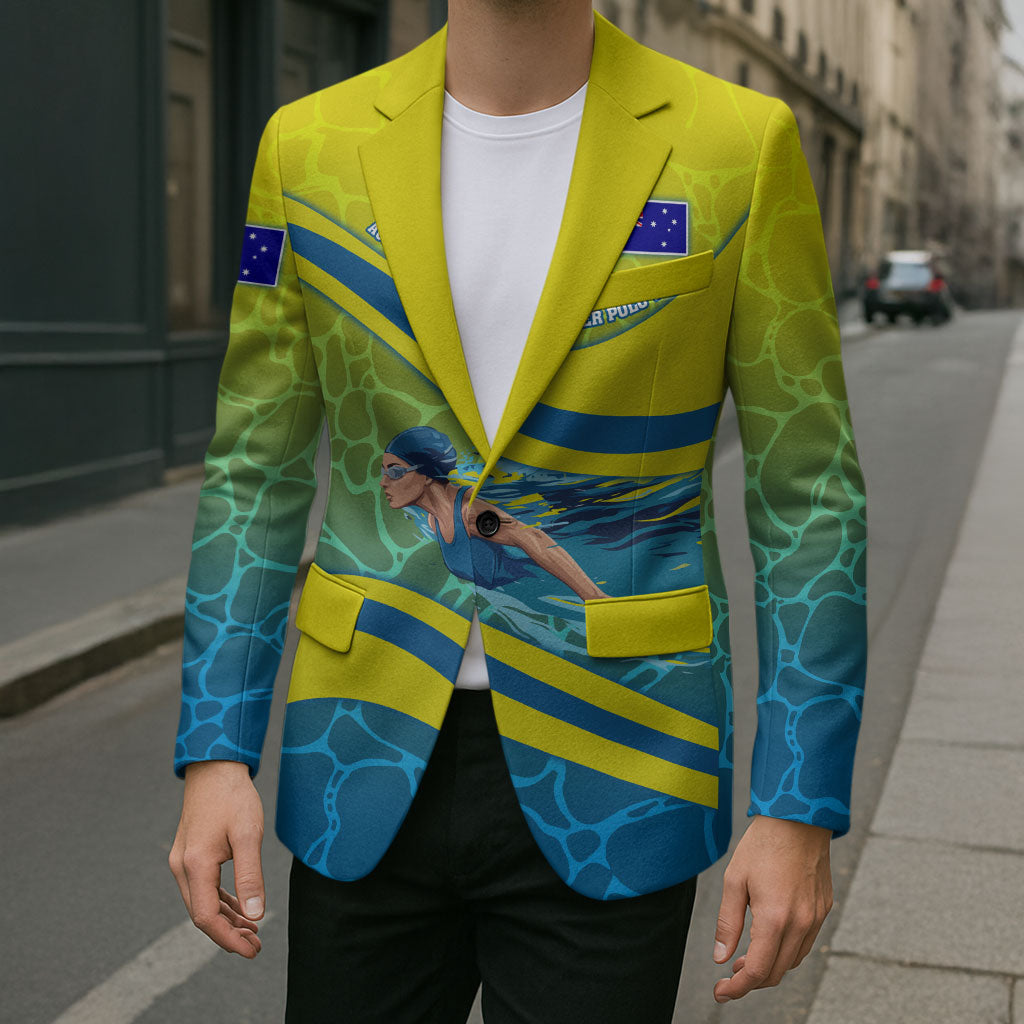 Personalized Australia Water Polo Swimmer Blazer Dynamic Swimmer With Wave Pattern And National Colors