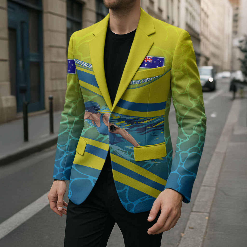 Personalized Australia Water Polo Swimmer Blazer Dynamic Swimmer With Wave Pattern And National Colors