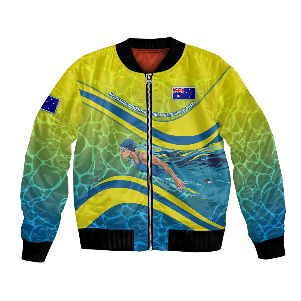 Personalized Australia Water Polo Swimmer Bomber Jacket Dynamic Swimmer With Wave Pattern And National Colors