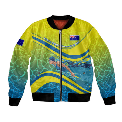 Personalized Australia Water Polo Swimmer Bomber Jacket Dynamic Swimmer With Wave Pattern And National Colors