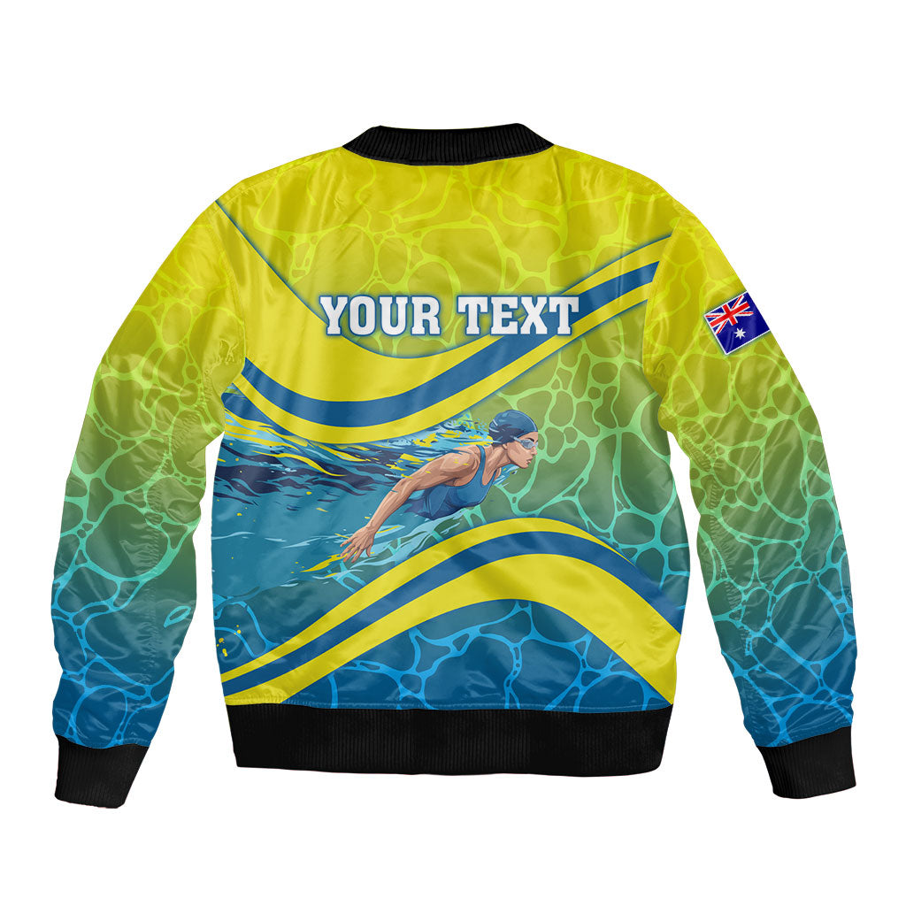 Personalized Australia Water Polo Swimmer Bomber Jacket Dynamic Swimmer With Wave Pattern And National Colors