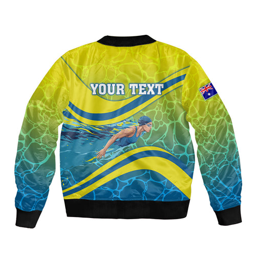 Personalized Australia Water Polo Swimmer Bomber Jacket Dynamic Swimmer With Wave Pattern And National Colors
