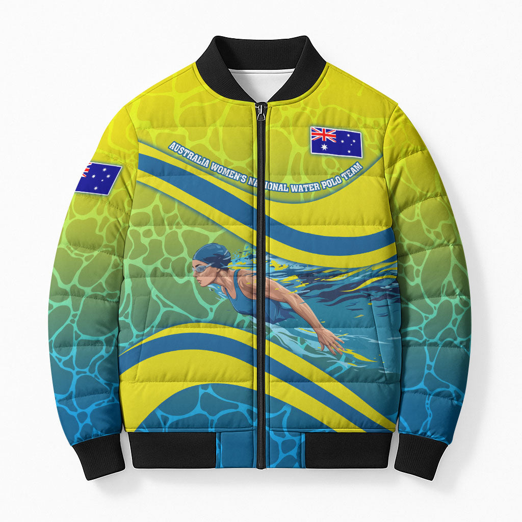 Personalized Australia Water Polo Swimmer Bomber Puffer Jacket Dynamic Swimmer With Wave Pattern And National Colors