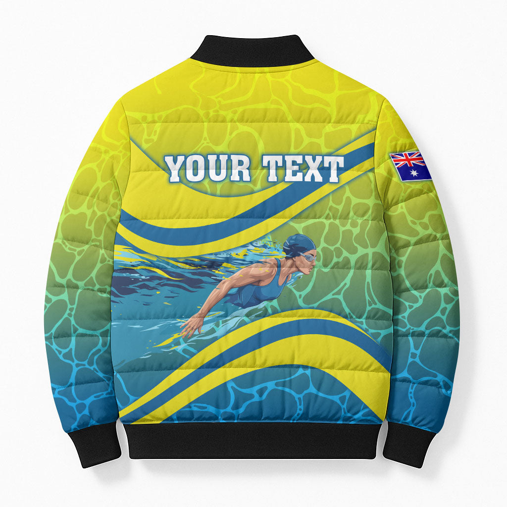 Personalized Australia Water Polo Swimmer Bomber Puffer Jacket Dynamic Swimmer With Wave Pattern And National Colors