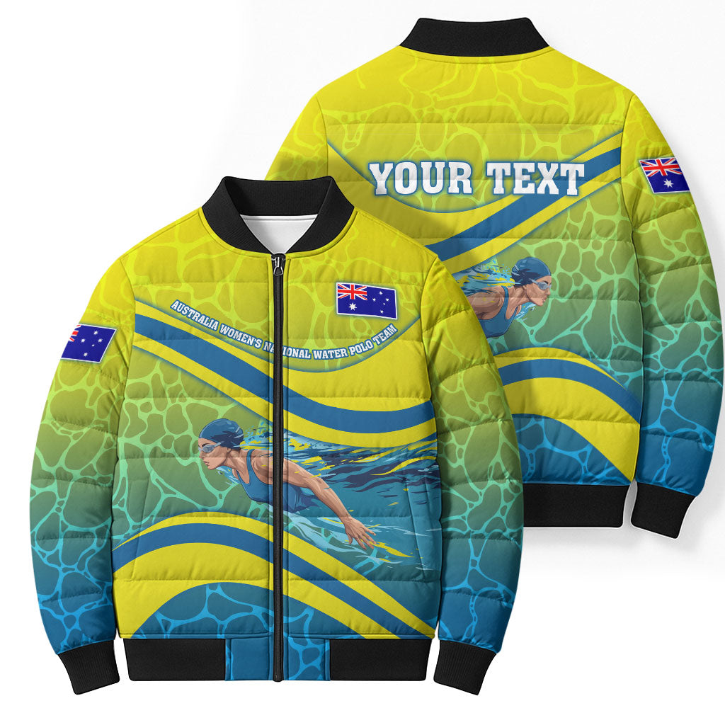 Personalized Australia Water Polo Swimmer Bomber Puffer Jacket Dynamic Swimmer With Wave Pattern And National Colors