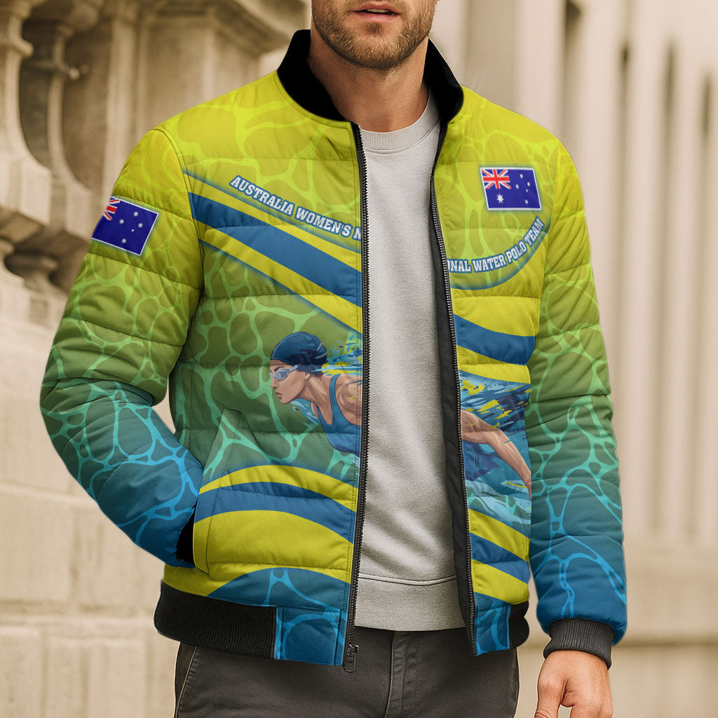 Personalized Australia Water Polo Swimmer Bomber Puffer Jacket Dynamic Swimmer With Wave Pattern And National Colors