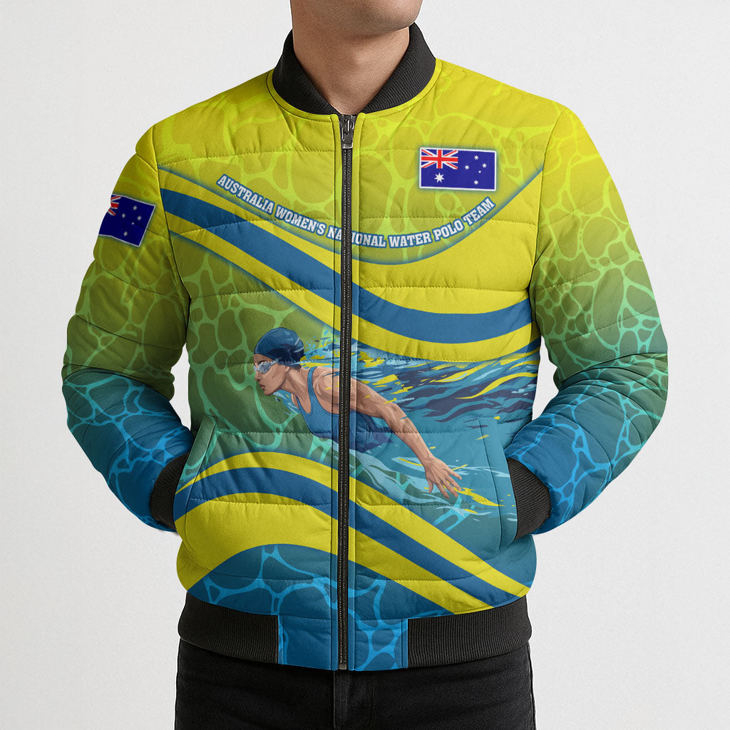 Personalized Australia Water Polo Swimmer Bomber Puffer Jacket Dynamic Swimmer With Wave Pattern And National Colors