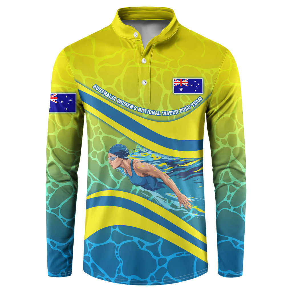 Personalized Australia Water Polo Swimmer Button Sweatshirt Dynamic Swimmer With Wave Pattern And National Colors