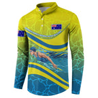 Personalized Australia Water Polo Swimmer Button Sweatshirt Dynamic Swimmer With Wave Pattern And National Colors