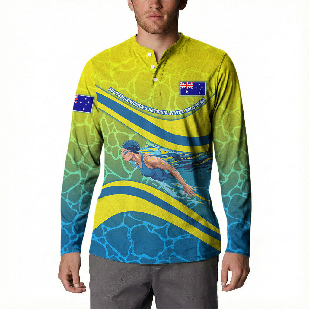 Personalized Australia Water Polo Swimmer Button Sweatshirt Dynamic Swimmer With Wave Pattern And National Colors