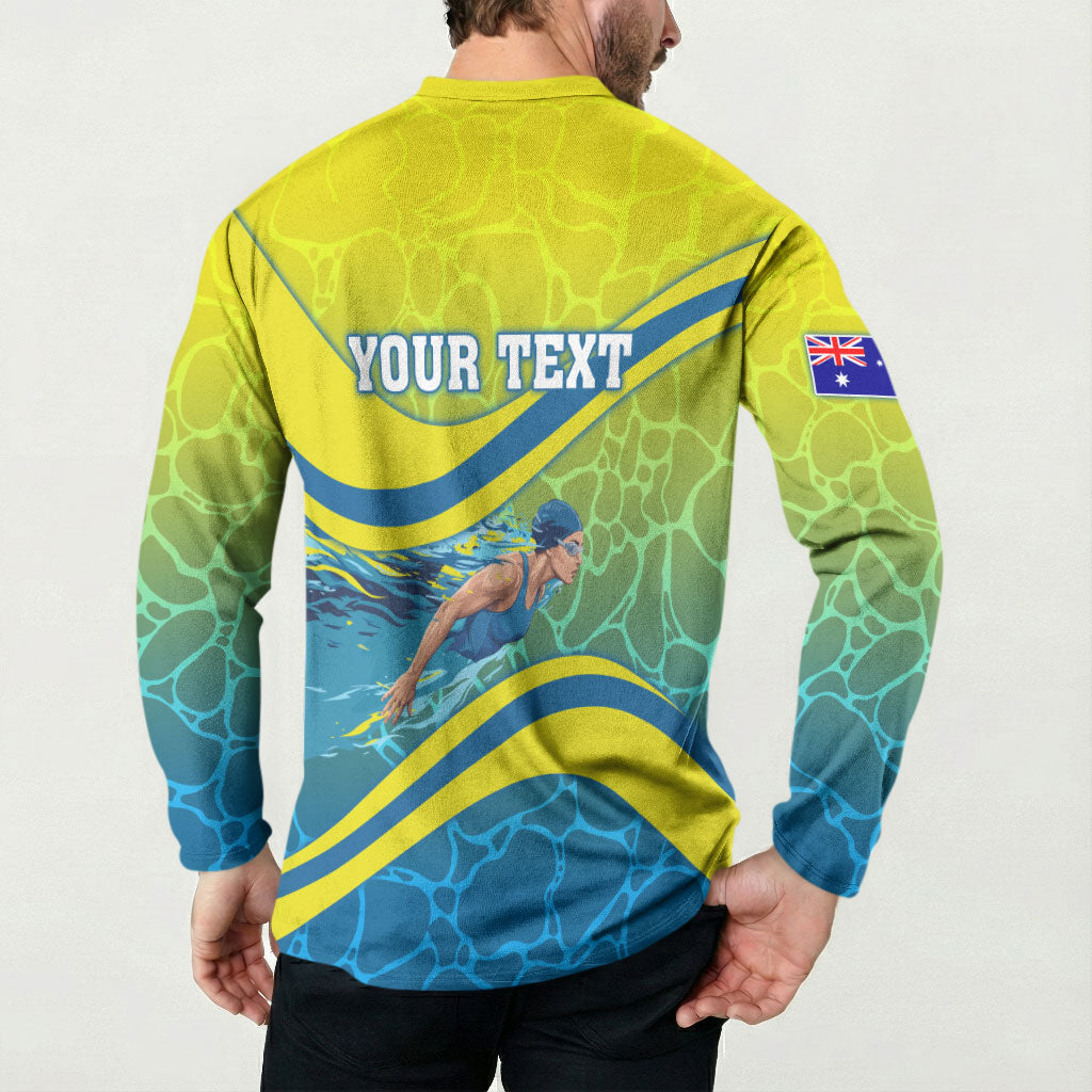 Personalized Australia Water Polo Swimmer Button Sweatshirt Dynamic Swimmer With Wave Pattern And National Colors