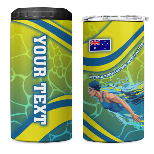 Personalized Australia Water Polo Swimmer 4 in 1 Can Cooler Tumbler Dynamic Swimmer With Wave Pattern And National Colors