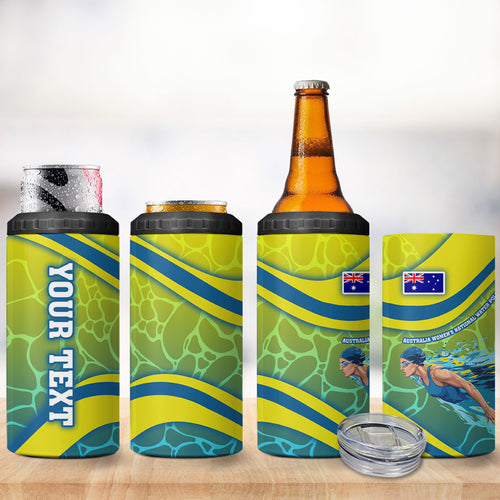 Personalized Australia Water Polo Swimmer 4 in 1 Can Cooler Tumbler Dynamic Swimmer With Wave Pattern And National Colors