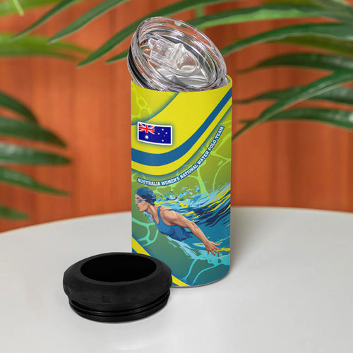 Personalized Australia Water Polo Swimmer 4 in 1 Can Cooler Tumbler Dynamic Swimmer With Wave Pattern And National Colors