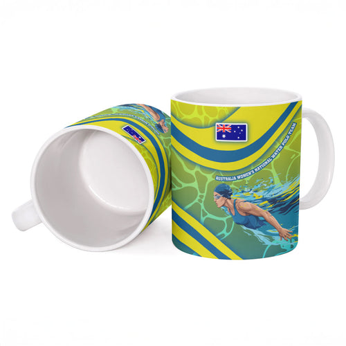 Personalized Australia Water Polo Swimmer Ceramic Mug Dynamic Swimmer With Wave Pattern And National Colors