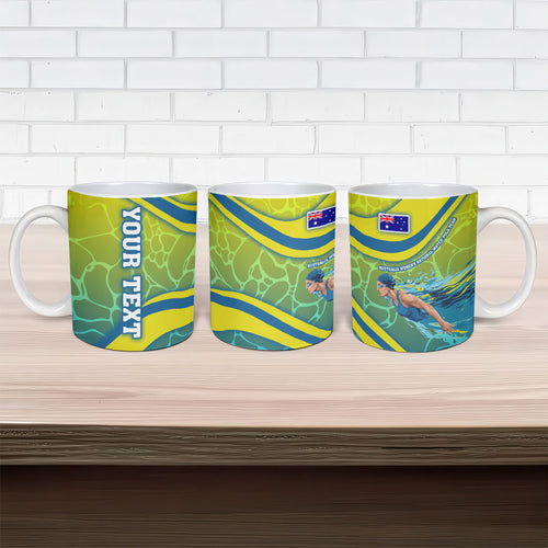 Personalized Australia Water Polo Swimmer Ceramic Mug Dynamic Swimmer With Wave Pattern And National Colors