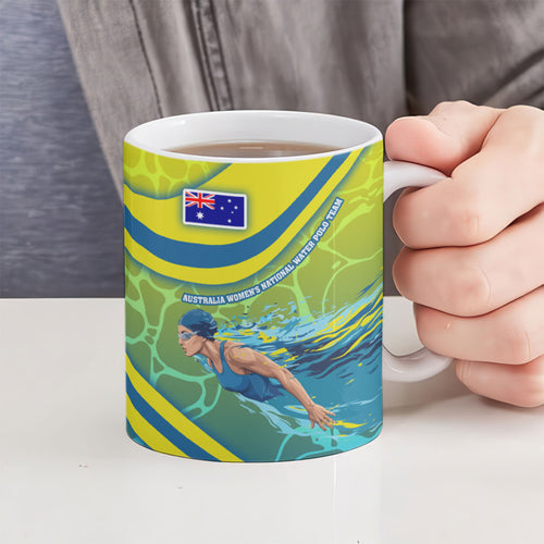 Personalized Australia Water Polo Swimmer Ceramic Mug Dynamic Swimmer With Wave Pattern And National Colors