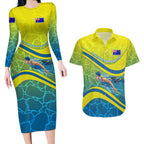 Personalized Australia Water Polo Swimmer Couples Matching Long Sleeve Bodycon Dress and Hawaiian Shirt Dynamic Swimmer With Wave Pattern And National Colors