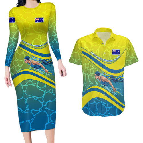 Personalized Australia Water Polo Swimmer Couples Matching Long Sleeve Bodycon Dress and Hawaiian Shirt Dynamic Swimmer With Wave Pattern And National Colors