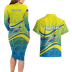 Personalized Australia Water Polo Swimmer Couples Matching Long Sleeve Bodycon Dress and Hawaiian Shirt Dynamic Swimmer With Wave Pattern And National Colors