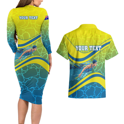Personalized Australia Water Polo Swimmer Couples Matching Long Sleeve Bodycon Dress and Hawaiian Shirt Dynamic Swimmer With Wave Pattern And National Colors